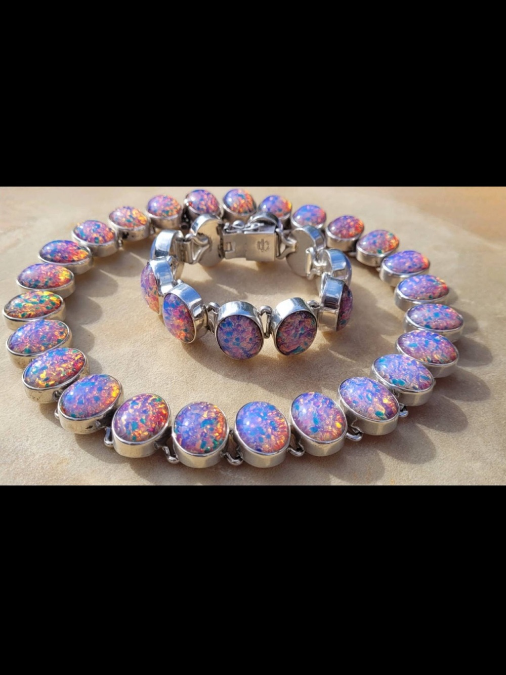 Vintage Taxco Silver Harlequin Foiled Fire Opal Necklace Bracelet Set